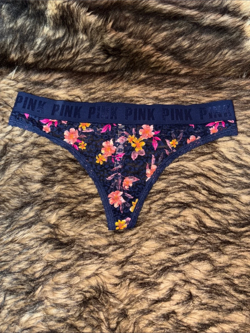 VICTORIA'S SECRET PINK FLORAL LEOPARD LACE THICK BAND RARE THONG PANTIES Size L